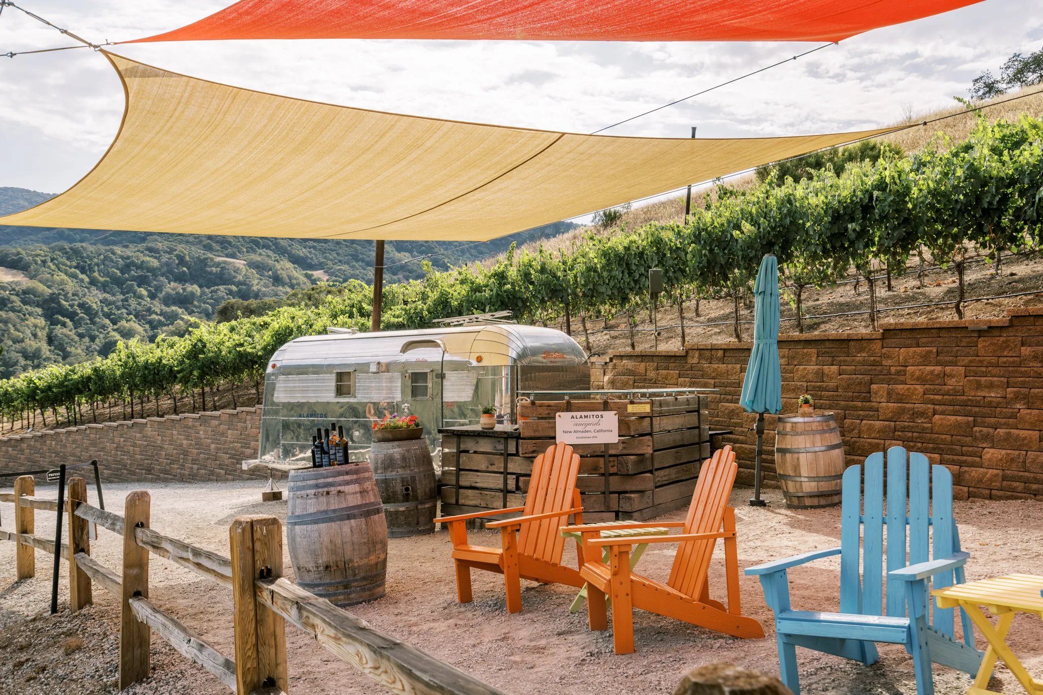 Covered outdoor seating with colorful Adirondack chairs