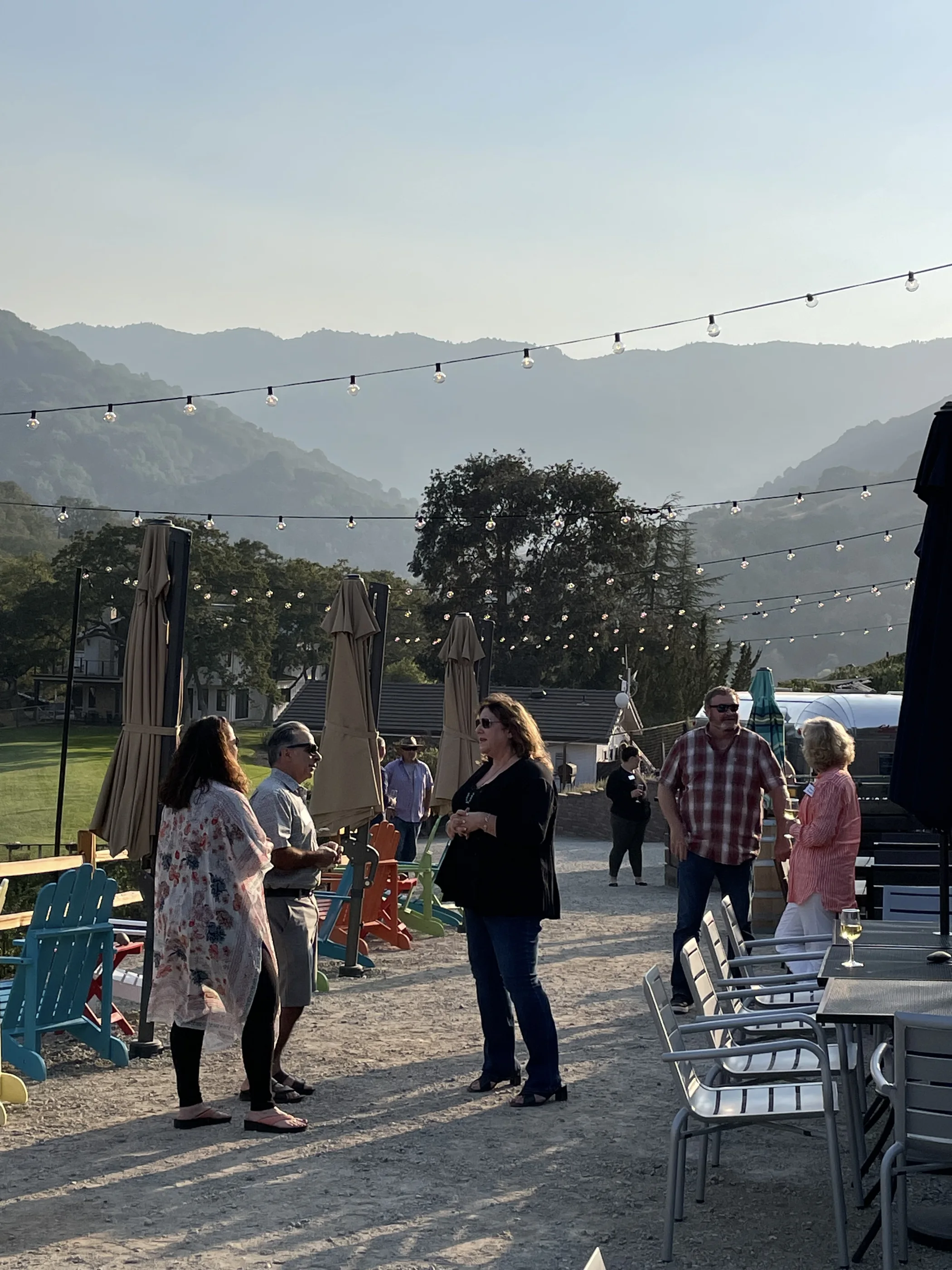Outdoor wine event with string lights at Alamitos Vineyards in San Jose County